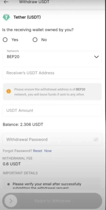 usdt transfer from coindcx to binance