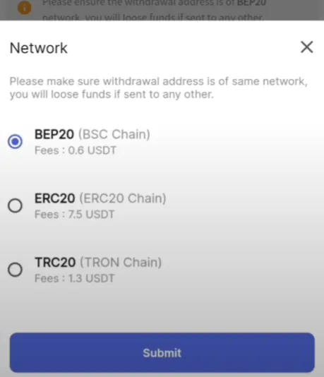USDT withdrawal fees on CoinDCX for BEP20, ERC20, and TRC20 networks.