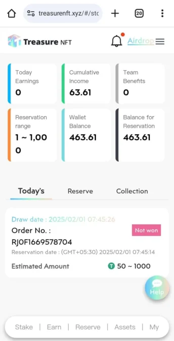treasure nft reservation failed, treasure nft not won