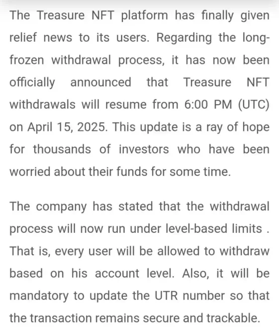 Treasure NFT Withdrawal News